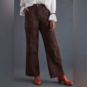 New Anthropologie Deadwood Straight Suede Pants brown lamb leather high waist 36
